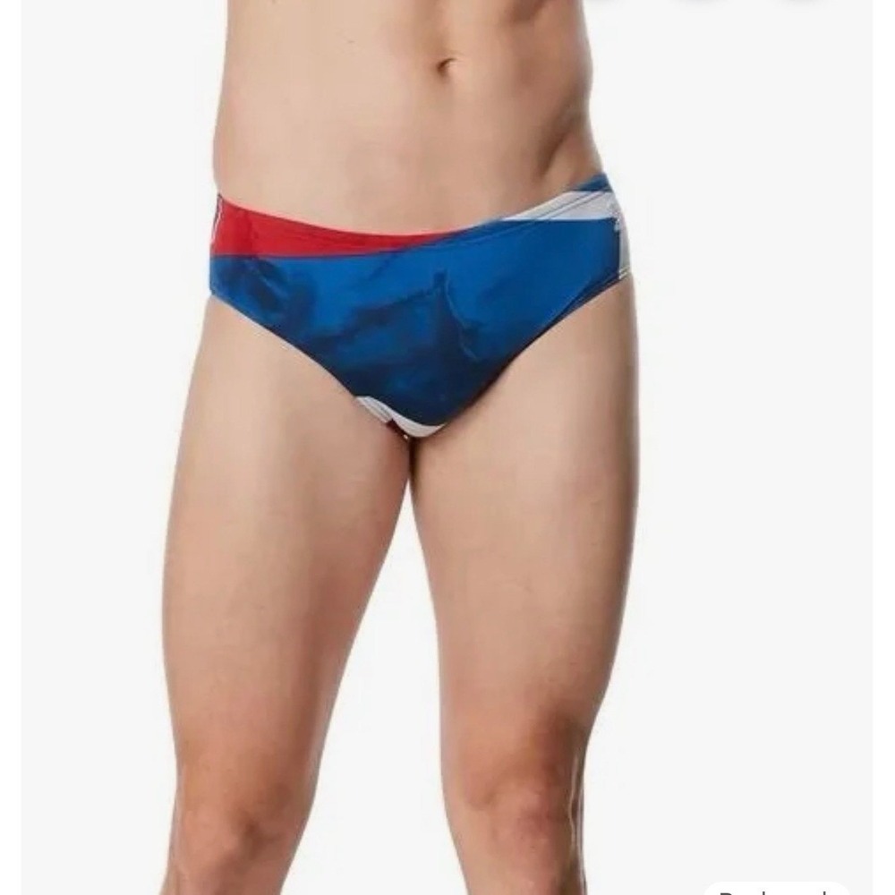 Speedo Endurance+ Glimmer Brief Swim Suit Red White Blue Size 30 NWT
